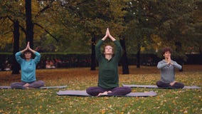 Mediteren de Spititual jonge vrouwen zitting in lotusbloempositie inzake yogamatten in park en ademen verse lucht het ontspannen stock videobeelden Mediteren de Spititual jonge vrouwen zitting in lotusbloempositie inzake yogamatten in park en ademen verse lucht het ontspannen stock videobeelden