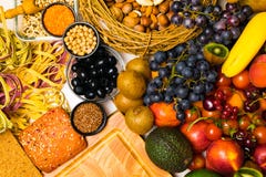 Mediterranean Food background. Assortment of fresh fruits and vegetables Top view stock photos Mediterranean Food background. Assortment of fresh fruits and vegetables Top view stock photos