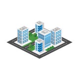 Megapolis 3d isometric three-dimensional view of the city. Collection of houses, skyscrapers, buildings, built and supermarkets royalty free illustration Megapolis 3d isometric three-dimensional view of the city. Collection of houses, skyscrapers, buildings, built and supermarkets royalty free illustration