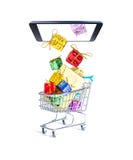 Mehrfarbige Geschenkboxen mit schönen goldenen Bögen fliegen aus dem Smartphoneschirm heraus und fallen in einen Geschenk-gefüllt lizenzfreie stockbilder Mehrfarbige Geschenkboxen mit schönen goldenen Bögen fliegen aus dem Smartphoneschirm heraus und fallen in einen Geschenk-gefüllt lizenzfreie stockbilder