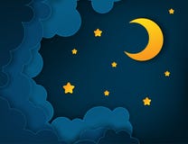 Meia lua da arte de papel, raios, nuvens macias e estrelas Foto de Stock Royalty Free Meia lua da arte de papel, raios, nuvens macias e estrelas Foto de Stock Royalty Free