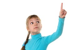Meisje die haar vinger benadrukken, die op wit landschap wordt geïsoleerd stock afbeelding Meisje die haar vinger benadrukken, die op wit landschap wordt geïsoleerd stock afbeelding