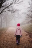 Meisje in een roze jasje die in een de herfst nevelig bos lopen in park stock foto Meisje in een roze jasje die in een de herfst nevelig bos lopen in park stock foto