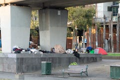 Melbourne, Australia - July 6th 2018: Homeless Camp Below Flinders Street Train Line stock photo Melbourne, Australia - July 6th 2018: Homeless Camp Below Flinders Street Train Line stock photo