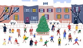 Men and women walking around big Christmas tree on street against city buildings on background. Adults and children royalty free illustration Men and women walking around big Christmas tree on street against city buildings on background. Adults and children royalty free illustration