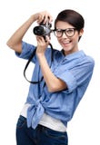 A menina bonita entrega a câmera fotográfica retro fotos de stock royalty free A menina bonita entrega a câmera fotográfica retro fotos de stock royalty free
