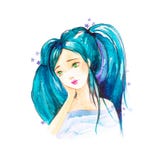 Menina bonita nova com o cabelo azul recolhido nos rabos de cavalo cercados por estrelas Isolado no fundo branco ilustração royalty free Menina bonita nova com o cabelo azul recolhido nos rabos de cavalo cercados por estrelas Isolado no fundo branco ilustração royalty free
