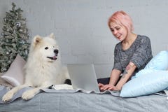Menina bonita nova com o cabelo louro que trabalha com o portátil no sof foto de stock Menina bonita nova com o cabelo louro que trabalha com o portátil no sof foto de stock