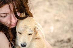 Menina bonita que guarda um cão disperso pequeno em sua AR fotos de stock Menina bonita que guarda um cão disperso pequeno em sua AR fotos de stock