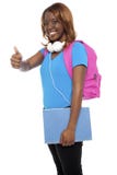 Menina de faculdade africana à moda que mostra os polegares acima fotos de stock Menina de faculdade africana à moda que mostra os polegares acima fotos de stock