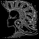 Menina de tiragem preto e branco dos Peixes do sinal do zodíaco com cabelo como um peixe da aleta Iroquois ilustração stock Menina de tiragem preto e branco dos Peixes do sinal do zodíaco com cabelo como um peixe da aleta Iroquois ilustração stock