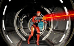 menina futurista do guerreiro, disparando com a arma pesada dentro da nave espacial, ilustração 3d ilustração stock menina futurista do guerreiro, disparando com a arma pesada dentro da nave espacial, ilustração 3d ilustração stock