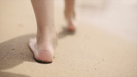 Menina que anda com os pés descalços na areia da praia ao longo do mar Movimento lento vídeos de arquivo Menina que anda com os pés descalços na areia da praia ao longo do mar Movimento lento vídeos de arquivo