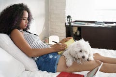 Menina que estuda para trabalhos de casa da escola com o cão nos pés imagem de stock Menina que estuda para trabalhos de casa da escola com o cão nos pés imagem de stock