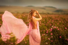 Menina 'sexy' bonita em um vestido cor-de-rosa que está nas rosas do jardim imagens de stock royalty free Menina 'sexy' bonita em um vestido cor-de-rosa que está nas rosas do jardim imagens de stock royalty free