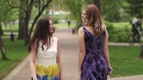 Meninas atrativas que andam com o parque e o sorriso as amigas passam o tempo junto exterior meninas no verão brilhante vídeos de arquivo Meninas atrativas que andam com o parque e o sorriso as amigas passam o tempo junto exterior meninas no verão brilhante vídeos de arquivo