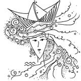 Meninas de tiragem preto e branco do Aquário do sinal do zodíaco com o mar em seu cabelo e em um chapéu sob a forma de um barco d ilustração royalty free Meninas de tiragem preto e branco do Aquário do sinal do zodíaco com o mar em seu cabelo e em um chapéu sob a forma de um barco d ilustração royalty free