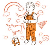 Menino bonito que joga com trator, garatujas no fundo ilustração stock Menino bonito que joga com trator, garatujas no fundo ilustração stock