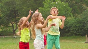 Menino feliz das crianças e três meninas que jogam bolhas de sabão da captura em um gramado do verão Movimento lento vídeos de arquivo Menino feliz das crianças e três meninas que jogam bolhas de sabão da captura em um gramado do verão Movimento lento vídeos de arquivo