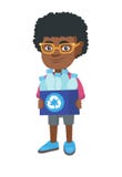 Menino que guarda o escaninho de reciclagem completamente de garrafas plásticas ilustração stock Menino que guarda o escaninho de reciclagem completamente de garrafas plásticas ilustração stock