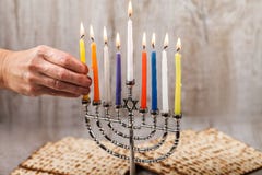 Menorah with candles for Hanukkah on a light wooden background royalty free stock photography Menorah with candles for Hanukkah on a light wooden background royalty free stock photography