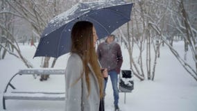 Mens die een zak van het meisje in het park stelen diefstal Het concept van de misdaad Vrouw die in een de winterpark lopen, dief stock footage Mens die een zak van het meisje in het park stelen diefstal Het concept van de misdaad Vrouw die in een de winterpark lopen, dief stock footage