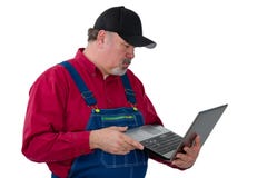 Mens die grove calico's dragen die laptop houden Royalty-vrije Stock Fotografie Mens die grove calico's dragen die laptop houden Royalty-vrije Stock Fotografie