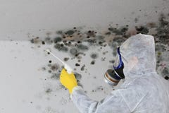 Mens die Vormpaddestoel met ademhalingsapparaatmasker verwijderen Stock Afbeeldingen Mens die Vormpaddestoel met ademhalingsapparaatmasker verwijderen Stock Afbeeldingen