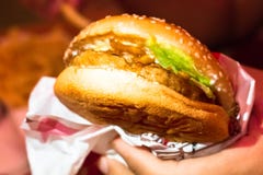 Mensch hält Burger mit den Händen Kosten oben lizenzfreie stockfotografie Mensch hält Burger mit den Händen Kosten oben lizenzfreie stockfotografie