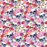 Menselijke schedels, bloemen Naadloos patroon watercolor vector illustratie Menselijke schedels, bloemen Naadloos patroon watercolor vector illustratie