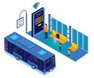 Mensen die op Bus wachten terwijl de Persoon het online Isometrische Kunstwerk van Buskaartjes boekt royalty-vrije illustratie Mensen die op Bus wachten terwijl de Persoon het online Isometrische Kunstwerk van Buskaartjes boekt royalty-vrije illustratie
