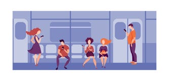Mensen die smartphone in openbaar vervoer aan de gang gebruiken Mensen die op de metro reizen royalty-vrije illustratie Mensen die smartphone in openbaar vervoer aan de gang gebruiken Mensen die op de metro reizen royalty-vrije illustratie