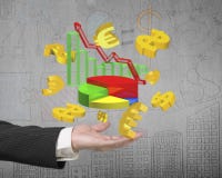 Mensenhand die de dollartekens van bedrijfs de groeigrafieken euro symbool tonen Stock Foto Mensenhand die de dollartekens van bedrijfs de groeigrafieken euro symbool tonen Stock Foto