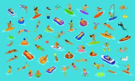 Mensenman en vrouw, meisjes en jongens die in vlottersmatras zwemmen, die in overzees, water, pool of oceaan duiken De vakantiess royalty-vrije illustratie Mensenman en vrouw, meisjes en jongens die in vlottersmatras zwemmen, die in overzees, water, pool of oceaan duiken De vakantiess royalty-vrije illustratie