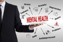 Mental Health concept. Chart with keywords and icons. Young man holding a tablet computer stock image Mental Health concept. Chart with keywords and icons. Young man holding a tablet computer stock image