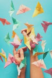 Mental Health Concept. Colorful Paper Butterflies Flying And Sitting On Woman`s Hands. Harmony Emotion. Stock Photos
