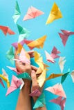 Mental Health Concept. Colorful Paper Butterflies Flying And Sitting On Woman`s Hands. Harmony Emotion. Origami. Paper Cut Style Stock Photos