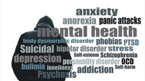 A mental health concept of a man back to camera. With an animated word cloud describing mental health issues.