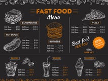 Menu do fast food Hamburguer do sanduíche do esboço, projeto do vintage dos petiscos da pizza no quadro Placa do menu do restaura ilustração royalty free Menu do fast food Hamburguer do sanduíche do esboço, projeto do vintage dos petiscos da pizza no quadro Placa do menu do restaura ilustração royalty free