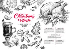 Menu do Natal Restaurante do inverno e molde do esboço do café ilustração royalty free Menu do Natal Restaurante do inverno e molde do esboço do café ilustração royalty free