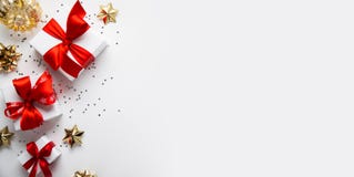 Merry Christmas And Happy Holidays Greeting Card, Frame, Banner. New Year. Noel. Christmas Gifts And Red, Golden Decor On White Stock Photography Merry Christmas And Happy Holidays Greeting Card, Frame, Banner. New Year. Noel. Christmas Gifts And Red, Golden Decor On White Stock Photography