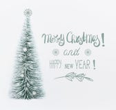 Merry Christmas And Happy New Year Greeting Card With Text Lettering And Decorative Artificial Christmas Tree Stock Image
