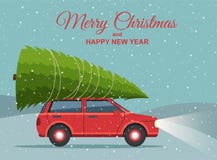 Merry Christmas And Happy New Year. Holiday Winter Snowy Landscape With Red Car And Christmas Tree On Top. Stock Photo