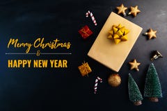 Merry Christmas And Happy New Year, Present Gift And Decoration On Black Background Royalty Free Stock Image