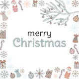 Merry Christmas. Banner. The inscription in the frame of Santa Clauses, Christmas tree branches, gifts, sweets, snowflakes, bells vector illustration Merry Christmas. Banner. The inscription in the frame of Santa Clauses, Christmas tree branches, gifts, sweets, snowflakes, bells vector illustration
