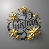 Merry Christmas Calligraphic Lettering. Decorated with Cutout Gold Foil Stars . Chic Christmas Greeting Card. Christmas emblem, wreath