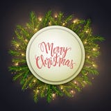 Merry Christmas card, round banner and pine leaves decorated wit Royalty Free Illustration Merry Christmas card, round banner and pine leaves decorated wit Royalty Free Illustration