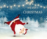 Merry Christmas. Cute, Cheerful Santa Claus standing on his arm in Christmas snow scene.