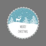 Merry Christmas Greeting Card. White Reindeer Fir Trees Snow Flakes on Blue Background. Decorative Frame Circle. Gray Backdrop royalty free illustration Merry Christmas Greeting Card. White Reindeer Fir Trees Snow Flakes on Blue Background. Decorative Frame Circle. Gray Backdrop royalty free illustration