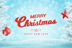 Merry Christmas greeting text with Christmas tree and decorations vector illustration Merry Christmas greeting text with Christmas tree and decorations vector illustration